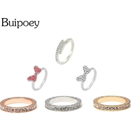 Buipoey Silver Color Rose Gold Bow Ring Circle Round Finger Stackable Rhinestone Ring Women Men Jewelry Gift Boy Girl