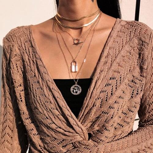 Fashion 2021 Chain Gold Snake Chain Necklace For Women Vintage Female New Multilevel Vintage Lock Centaur Round Pendant Jewelry