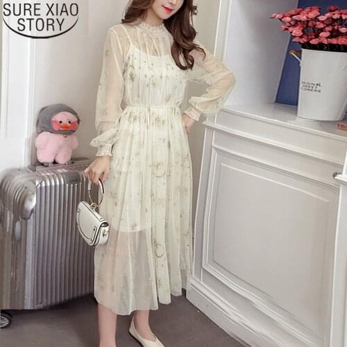 Midi Long Dresses Elegant Party Dresses Star Moon Embroidery Dress Women Beige Mesh Dress Sweet Long Sleeve Stand Collar 12992