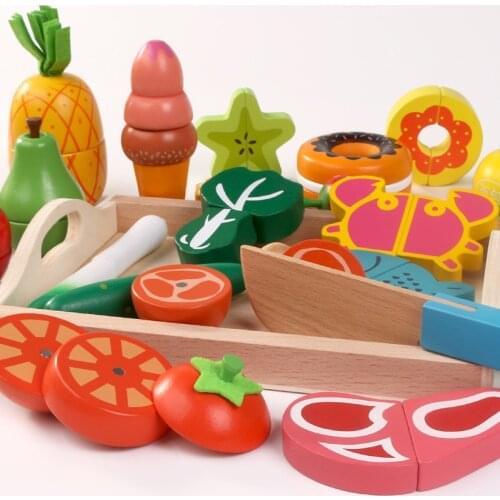 Wooden Kitchen Pretend Play Toys Cutting Fruit Vegetable Meat Desserts Set Magnetic Simulation Food Educational Kids Toys Gifts