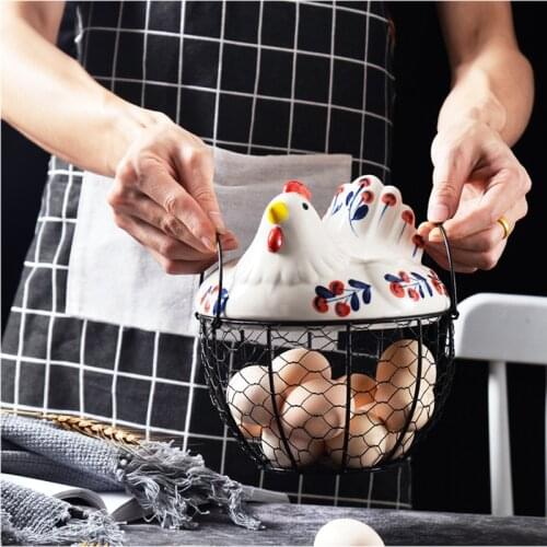 Ceramic Egg Holder with Handle Kitchen Storage Organizer Fruits Basket Container Hen Ornament Home Decor Storage Accessories