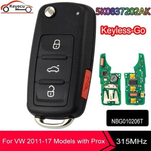 KEYECU 3+1/4 Button Keyless-go Remote Key 315MHz ID48 for Volkswagen 2011-2017 (Models with Prox) P/N: NBG010206T 5K0 837 202 AK