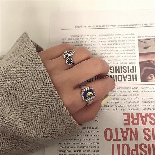AOMU Fashion Retro Blue Alloy Star Moon Finger Rings Irregular Geometric Starry Sky Rectangular Ring for Women Fashion Jewelry
