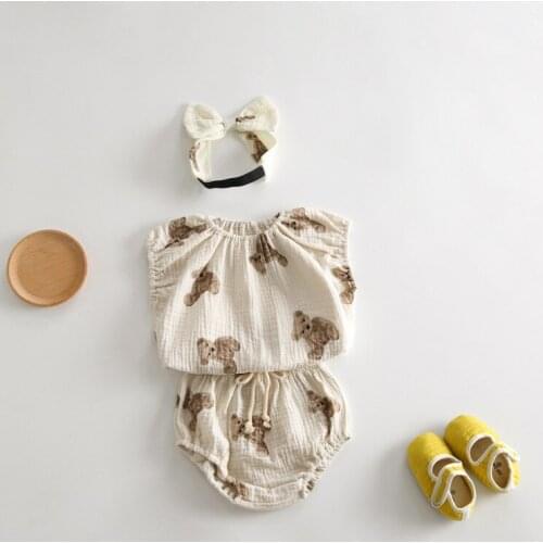 8057 Baby Clothing Set Summer New 2021 Fashion Bear Printed Baby Girl Bear 2 Piece Suit Top +Bread Shorts +Headband Toddler Set
