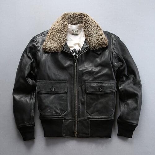 2021 Lamb Fur Collar Genuine Leather Flight Jacket Mens Lapel Short Casual Goat Leather Coat