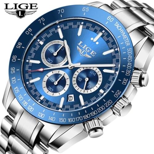 LIGE Men Watches Fashion Blue Stainless Steel Waterproof Sports Watch Men Luxury Luminous Date 24 Hours Chronograph Quartz Clock