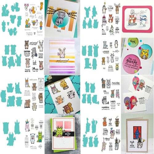 Cartoon Mice Cats Fox Elf Monster Metal Cutting Dies Stencil With Clear Stamps Words Sentences Good Morning Congratulations 2020