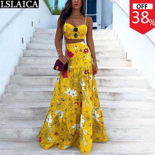 Fashion Plus Size Sets Crop Tops&long Skirt Flower Print Sexy Bohemian Set Woman 2 Pieces Summer Beach Holiday Dress Sets Summer