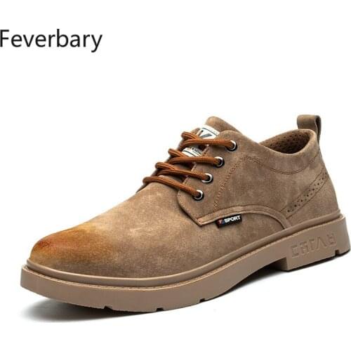 Feverbary Men Leather Safety Shoes Steel Toe Cap Work Boots Outdoor Non-slip Hiking Boots Comfortable Sneakers