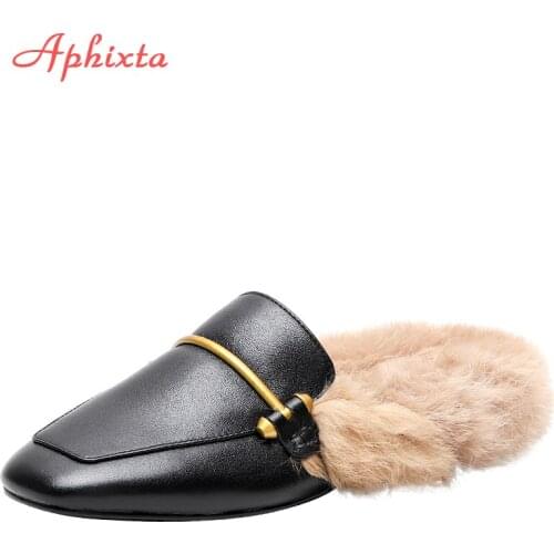 Aphixta 2020 Genuine Leather Mules Real Hair Slippers Shoes Women Slides Winter Warm Women Shoes Fashion Metal Buckle Slippers