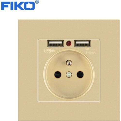 FIKO 16A French EU wall power socket with dual 5V 2100mA USB ports ，Gold PC panel Household wall power socket 86mm*86mm