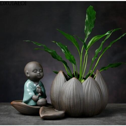 DXUIALOI New Chinese Creative Hydroponic Plants Chrysanthemum Copper Money Flower Pot Vase Zen Ceramic Crafts Home Decoration