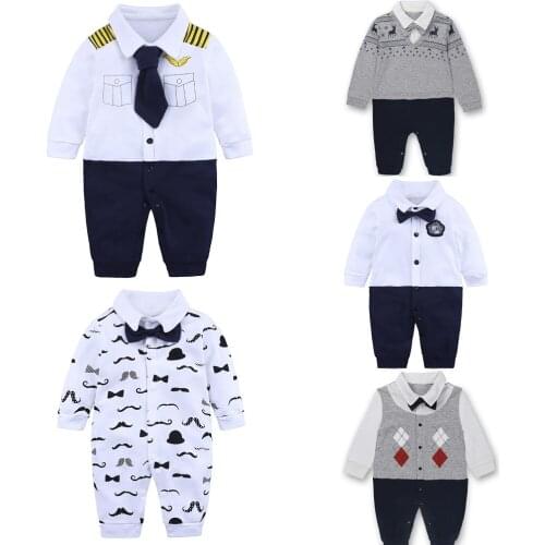 Newborn Baby Gentleman Clothes Long Sleeves Romper Ties Boys Shirt Outfit Wedding Anniversary Formal Tuxedo overall Bowties