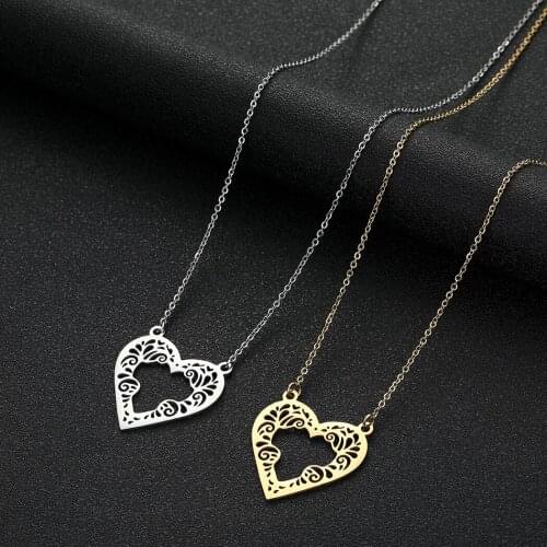 Cxwind Stainless Steel Lace Heart Necklace Boho Charm Hollow Heart Necklaces For Women Statement Collier Femme BFF Jewelry Gift