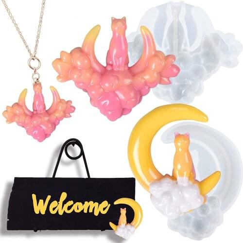 Cat on Crescent Moon Epoxy Resin Silicone Mold Jewelry Making Kit Pendant Casting Mold DIY Craft Cake Decoration Resin Art