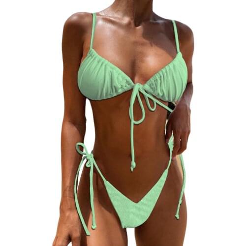 Sexy Womens Suit Pleated Lace Up Bikini Set Solid Color Swimsuit Beach Wear Slim Pleated Sling Bra+lace-up Elastic Panties