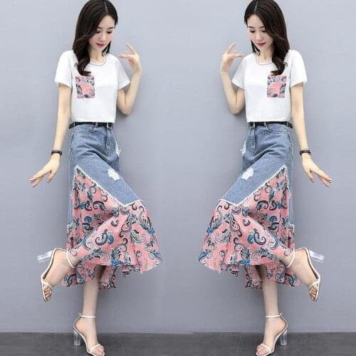Women Summer Denim Skirt + Cotton T-Shirt 2pcs Set 2021 New Female Temperament Thin Skirt Stitching Skirt Suit Fashion Girl W2