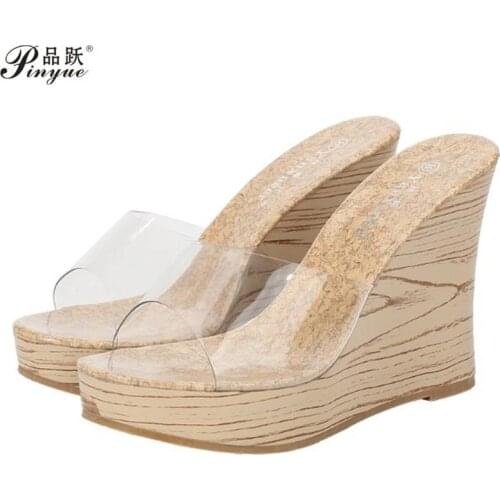 New summer 2021 wedge heels with platform womens shoes sexy leopard print transparent glass slippers
