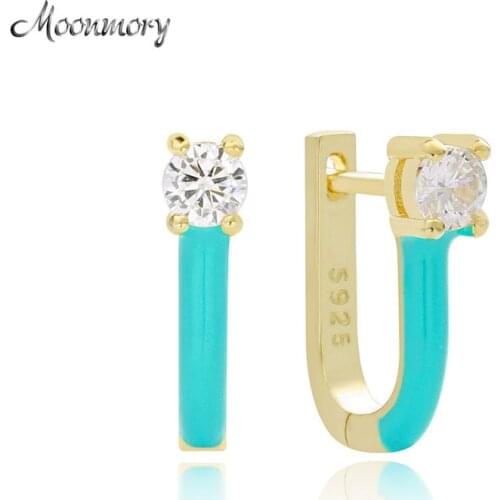 Moonmory 925 Sterling Silver Turquoise Color Zircon Hoop Huggie Earring Geometric Ladder Hoop Round Earring For Women Jewelry