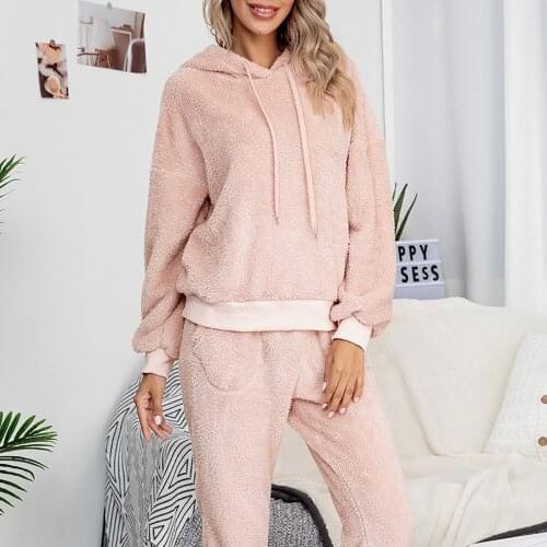 Women Fleece 2 Pcs Clothes Sets Long Sleeve Solid Hoodies Pullover + Long Pant Warm Homewear Two Piece Outfits Set Autumn Winter