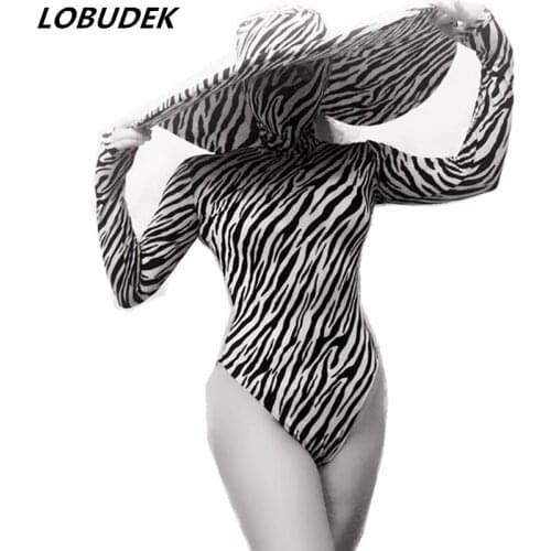 Women Black White Zebra Stripes Bodysuit Big Hat Set Nightclub Women Dance Teams Performance Clothes Modern Dance Stage Costume