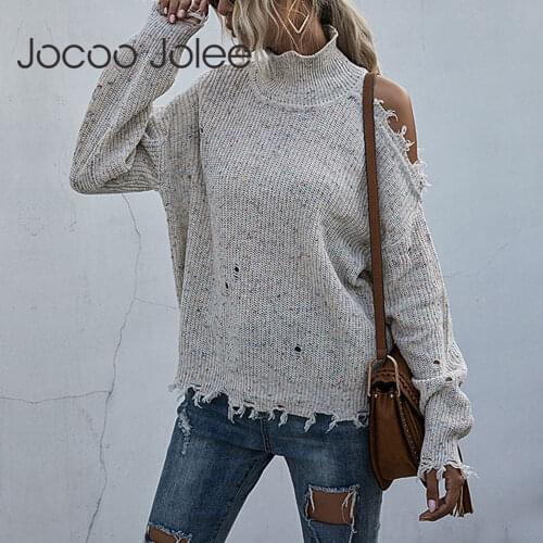 Jocoo Jolee Women Autumn Long Sleeve Ripped Hole Loose Sweater Turtleneck Pullovers Elegant Vintage Harajuku Knitting Jumpers