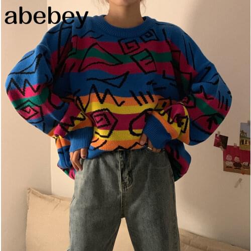 Chic Retro Crazy Style Loose Pull Femme Graffiti Lover Rainbow Striped Knit Sweater O Neck Long Sleeve Patch Pulllover
