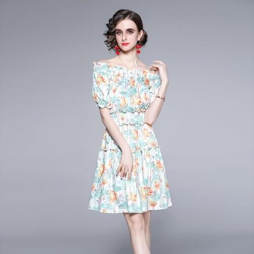 Summer Runway Holiday Floral Mini Dress Women Off Shoulder Slash Neck Floral Print Ruffles Elastic Waist Beach Short Dress k1366
