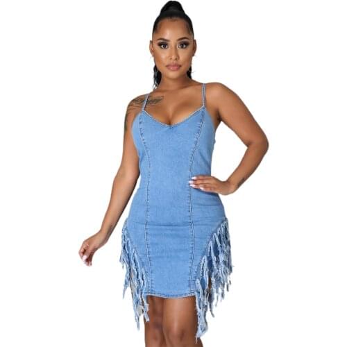 Womens Sexy Fringed Denim Dress Ltalian Spaghetti Strap Tight-Fitting Hip Denim Skirt