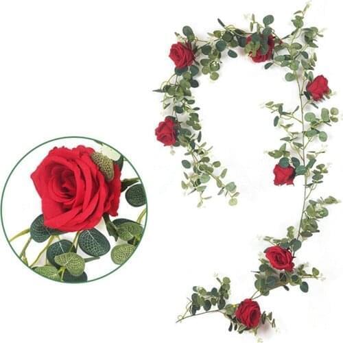 1pcs 1.95m Artificial Flowers Rose Vine Wedding Decor Real Touch Silk Flower Garland String With Leaves For Home Hanging Decor