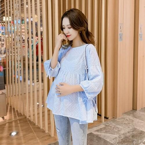 8008# Elegant Summer Fashion Lace Cotton Maternity Blouse Plus Size Loose Tunic Clothes for Pregnant Women Pregnancy Tops