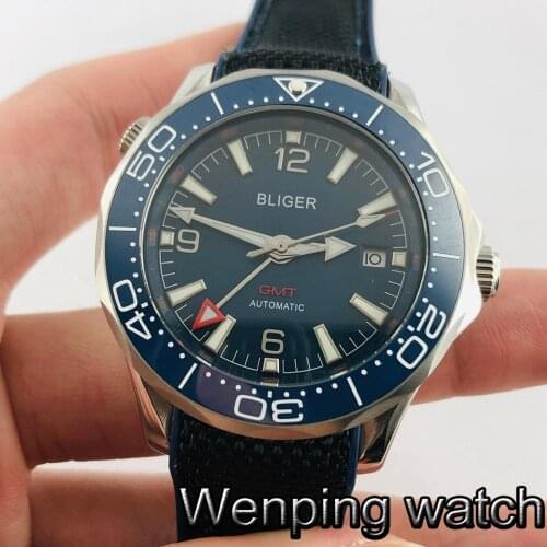 Bliger 41mm Silver Case Sapphire Glass Ceramic Bezel Blue Dial Date Luminous Stainless Steel Waterproof Mens Automatic Watch