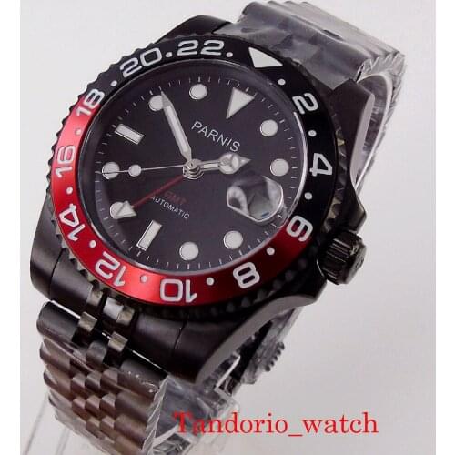 Black PVD Plated GMT 40mm Parnis Automatic Men Watch Sapphire Glass Date Luminous Marks Unidirectional Bezel Jubilee Strap