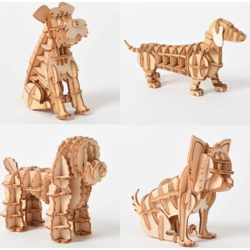 Laser Cutting Schnauzer Dachshund Poodle Chihuahua 3D Wooden Puzzle Manual Building Blocks Model Kits Desk Decoration Puzzle Toy