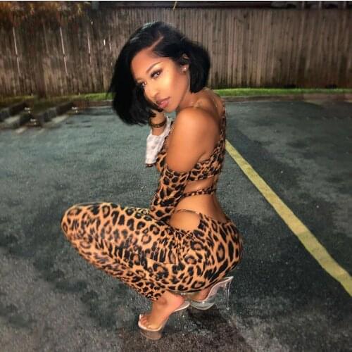 Fashion Sexy Leopard Print Off Shoulder Bandage T Shirt Trousers 2 Piece Set Women New Casual Skinny Female Streetwear Club Suit