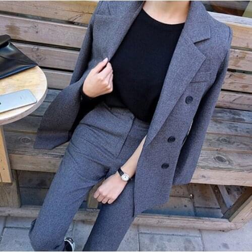 Fashion Business Pant Suits Uniform Formal Double Breasted Jacket and Long Pant Black Blazer Set Women OL 2 Two Pieces Suits