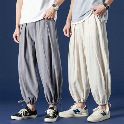 Large Size Cotton Linen Mens Pants Casual Joggers Vintage Loose Soft Streetwear Pants Solid Wide Leg Trousers Plus Size M-8XL
