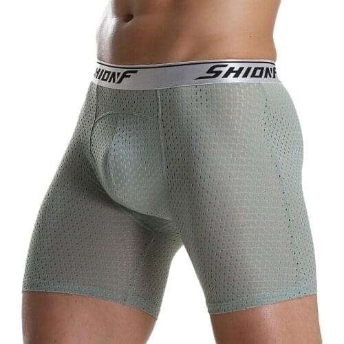 5XL Men Mesh Long Boxers Cuecas Homme Breathable Long Leg Large Size Underpants Sexy Penis Pouch Boxer Shorts Ice Silk Underwear