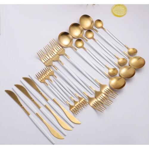 White Gold Cutlery Set Stainless Steel Dessert Fork Spoon Set Western Forks Knives Spoons Matter Dinnerware Sets Wholesale