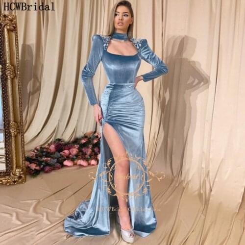 New Long Sleeves Evening Dress Mermaid High Neck Formal Dresses For Women Beads Velour Wedding Party Prom Gowns Plus Size