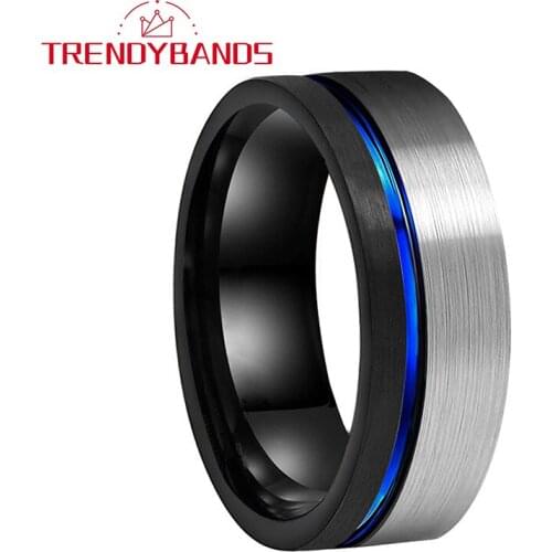 8MM Black Blue Mens Tungsten Carbide Rings Wedding Bands Offset Groove Pipe Cut Brushed Finish Comfort Fit