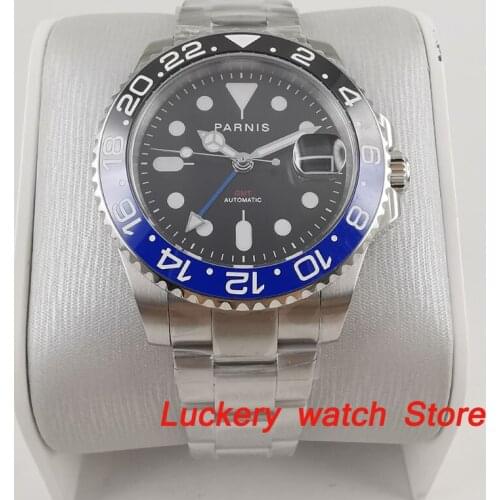 Parnis 40mm black dial blue GMT luminous marks Black and blue Ceramic Bezel sapphire glass automatic Mens Watch-PA90