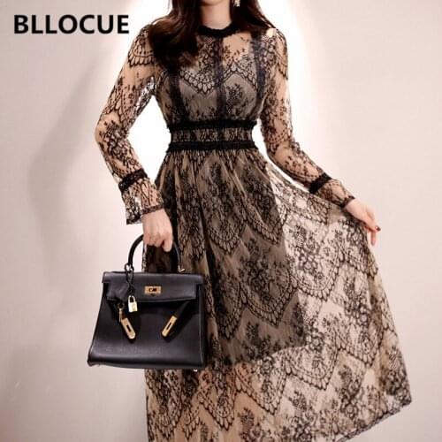 BLLOCUE Women Elegant Dress Autumn O-Neck Flare Sleeve Splice Hollow Out Lace Dress Fashion Ladies Party Office Midi Dresses
