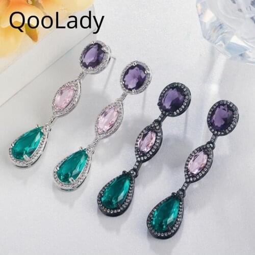 QooLady Vintage Black Gold Mysterious Purple Pink Green Geometric Cubic Zirconia Long Dangle Drop Earring for Women Jewelry E219