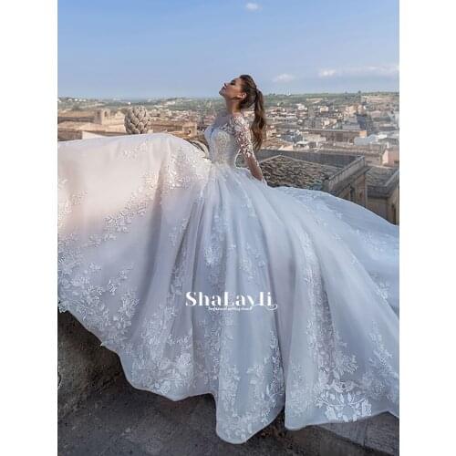 Retro Luxury Bridal Wedding Dress With Mesh Applique And Scoop Neck Tie Long Sleeve A Line Romantic Train Dress 2021 Custom