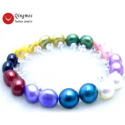 Qingmos Wholesale 10 Pairs 10-11mm Flat Round Natural Freshwater MULTICOLOR Pearl Earring for Women Stud Earring Who125
