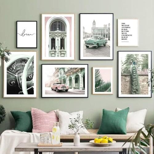 Vintage Car Building Peacock Palm Leaf Wall Art Canvas Painting Nordic Posters And Prints Wall Pictures For Living Room Decor