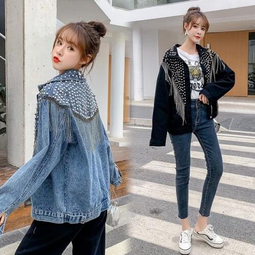 Tassel Beads Jacket Rivet Denim Women Tops Loose Jeans Coat Fashion Punk Cool Streetwear 2020 New Autumn Spring Outwear Blue XL