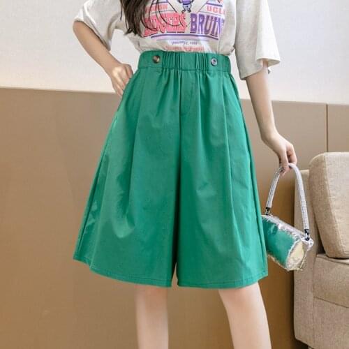 Women Casual Solid Color Loose Summer Pants 2021 Fashion Button High Waist Wide Leg Trouser Female Knee Length Pant Harajuku Pop