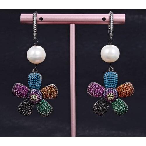 GuaiGuai Jewelry White Pearl Mix-Color Cz Pave Gunmetal Flower Earrings